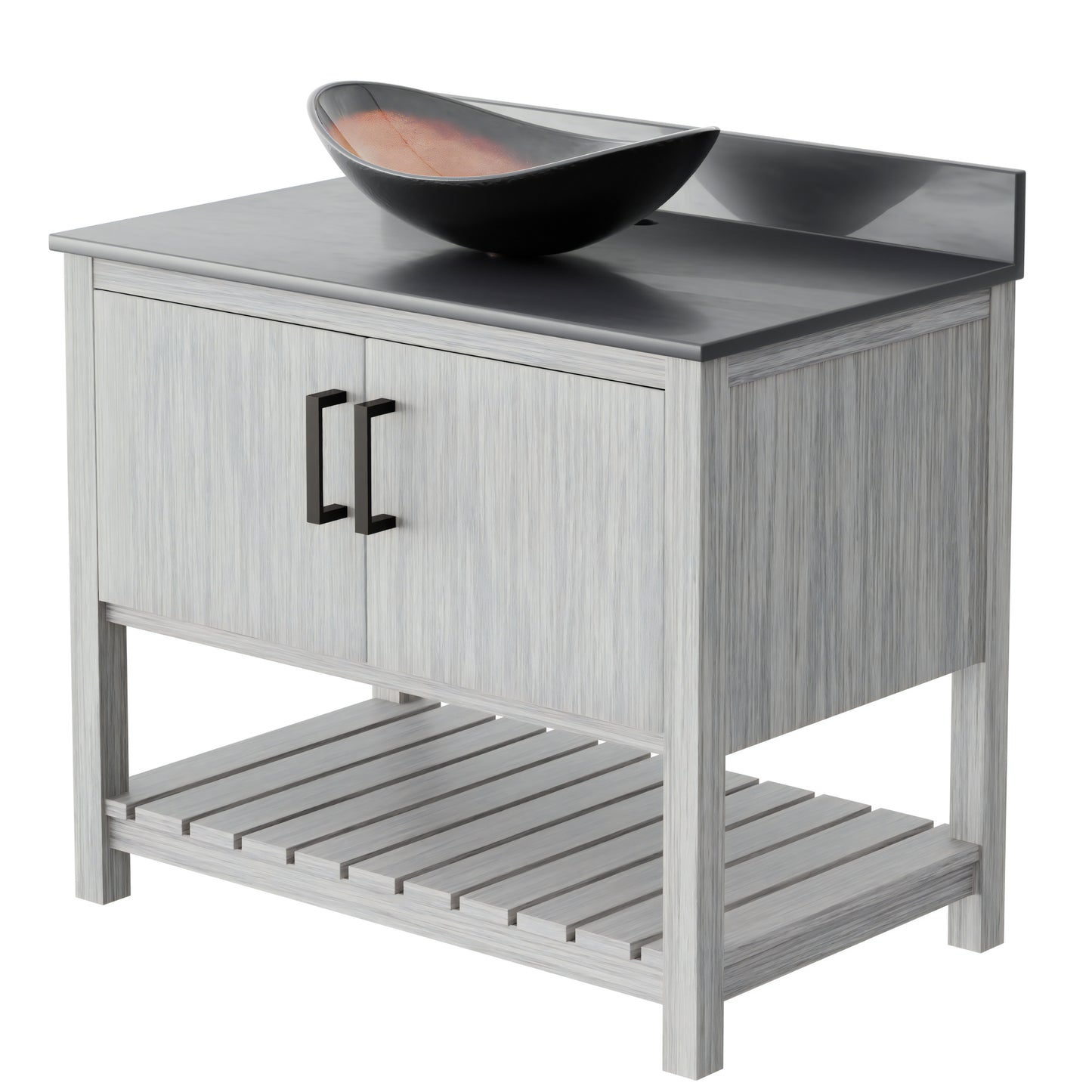 Novatto 36-inch bath vanity with storm grey quartz countertop and integrated sink, modern accessory for bathroom decor.
