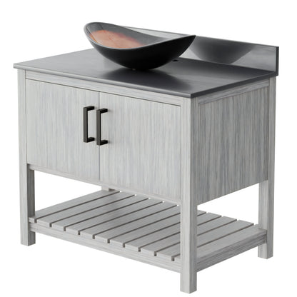 Novatto 36-inch bath vanity with storm grey quartz countertop and integrated sink, modern accessory for bathroom decor.