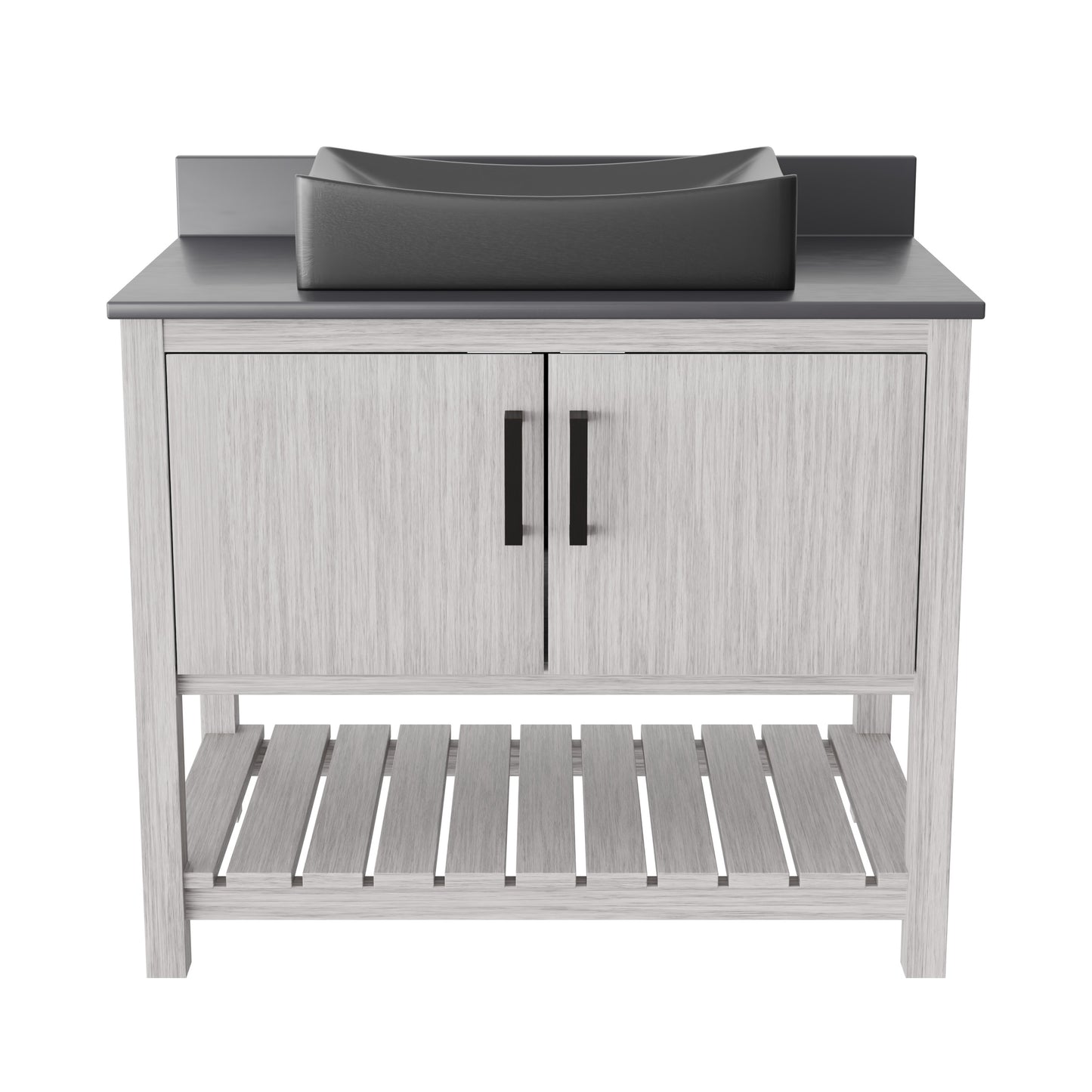 36-inch Novatto bath vanity with storm grey quartz countertop and sink, showcasing sleek bathroom accessory design.