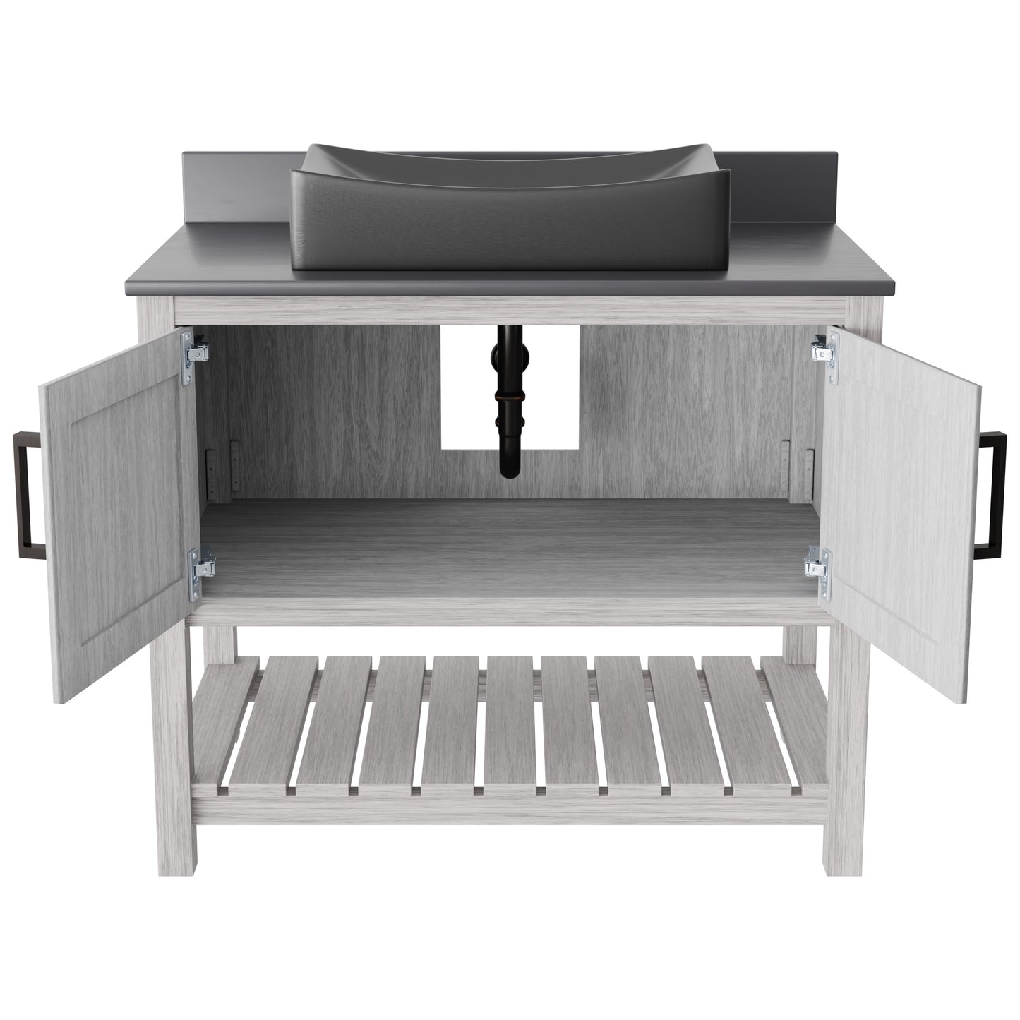 Novatto 36-inch bath vanity with storm grey quartz countertop and sink, showcasing modern bathroom accessory design