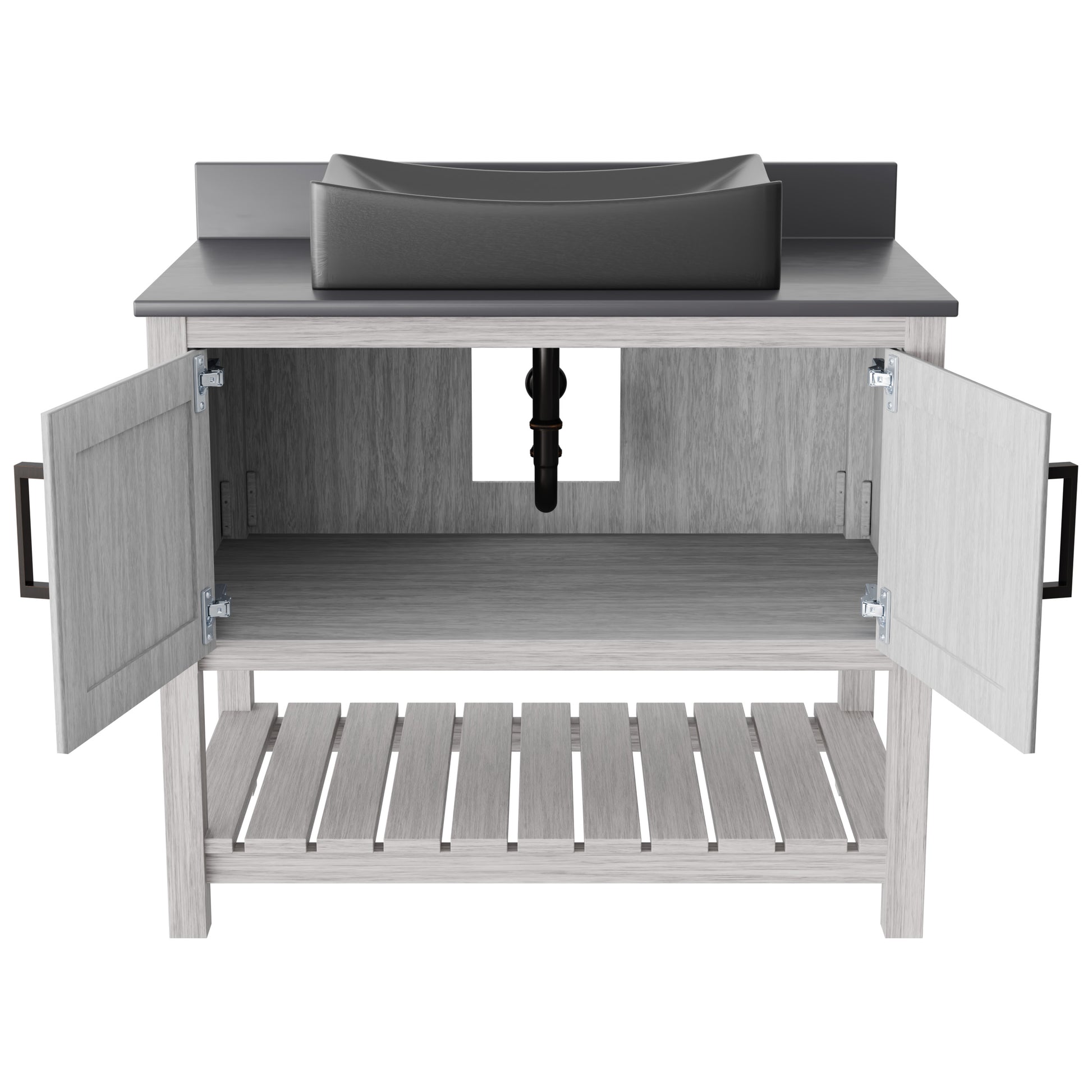 Novatto 36-inch bath vanity with storm grey quartz countertop and sink, showcasing modern bathroom accessory design