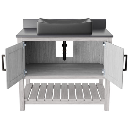 Novatto 36-inch bath vanity with storm grey quartz countertop and sink, showcasing modern bathroom accessory design