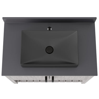 Novatto 36-inch bath vanity with storm grey quartz countertop and integrated sink, modern bathroom accessory.