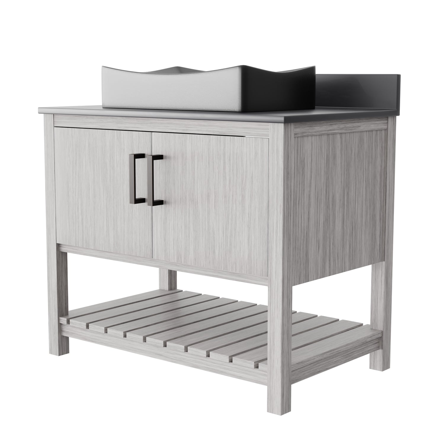 36-inch Novatto bath vanity with storm grey quartz countertop and sink, showcasing modern bathroom accessory design.