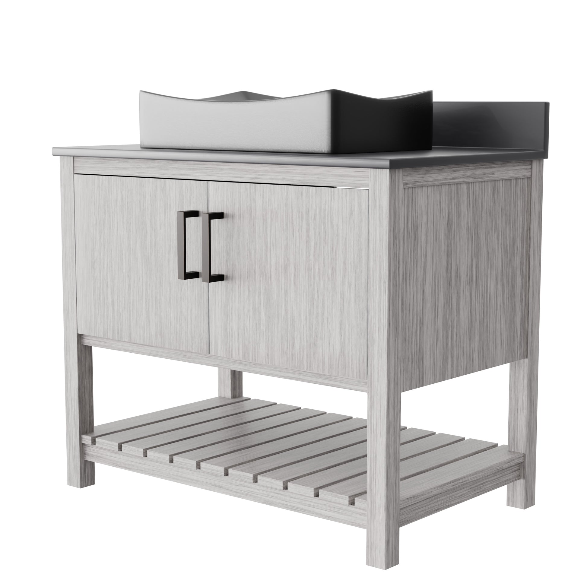 36-inch Novatto bath vanity with storm grey quartz countertop and sink, showcasing modern bathroom accessory design.
