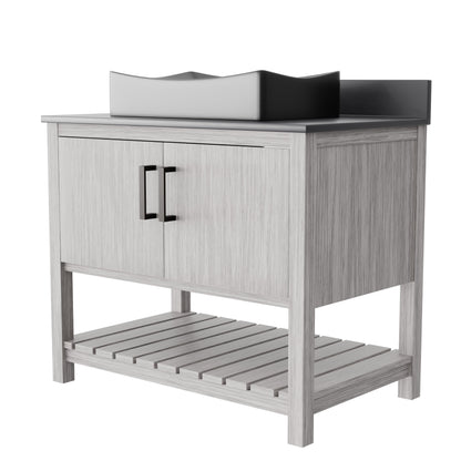 36-inch Novatto bath vanity with storm grey quartz countertop and sink, showcasing modern bathroom accessory design.