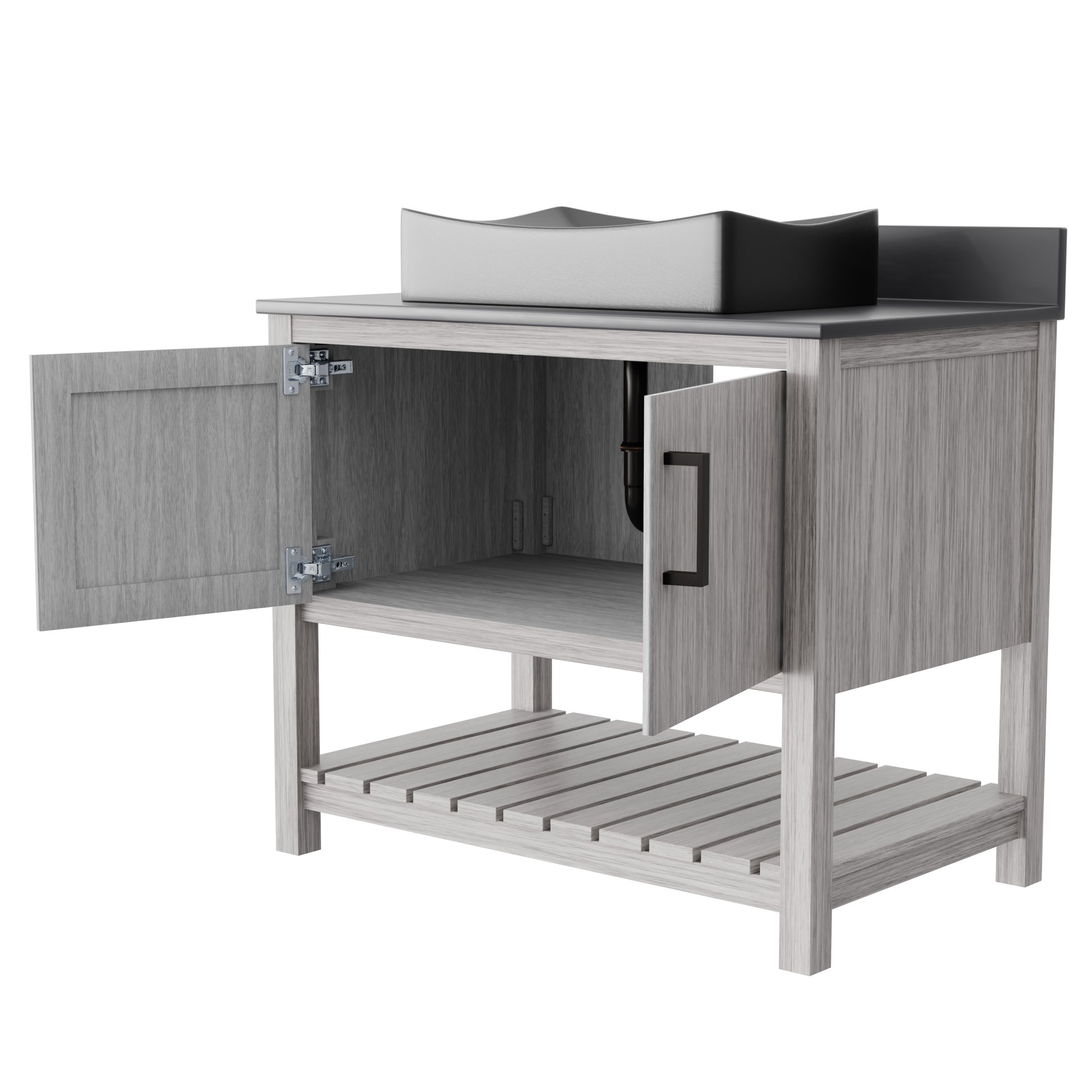 Novatto 36-inch bath vanity with storm grey quartz countertop and integrated sink, modern bathroom accessory.