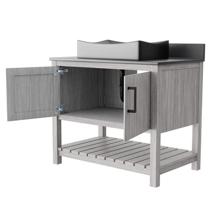 Novatto 36-inch bath vanity with storm grey quartz countertop and integrated sink, modern bathroom accessory.