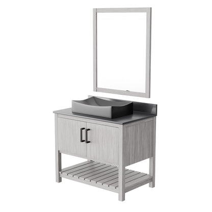 Novatto 36-inch bath vanity with storm grey quartz countertop and sink, showcasing modern bathroom accessory design.