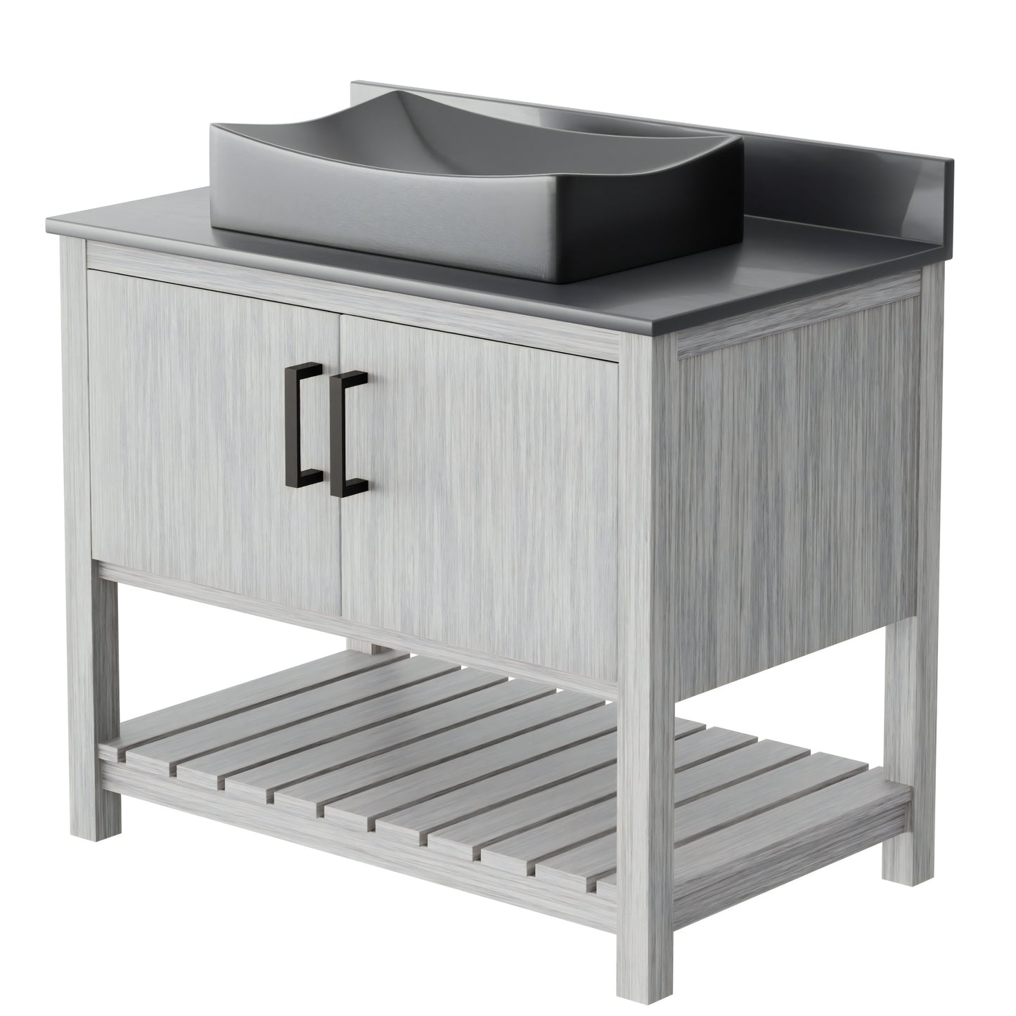 36-inch Novatto bath vanity with storm grey quartz countertop and sink, showcasing modern design and polished finish.