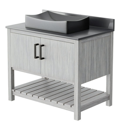 36-inch Novatto bath vanity with storm grey quartz countertop and sink, showcasing modern design and polished finish.