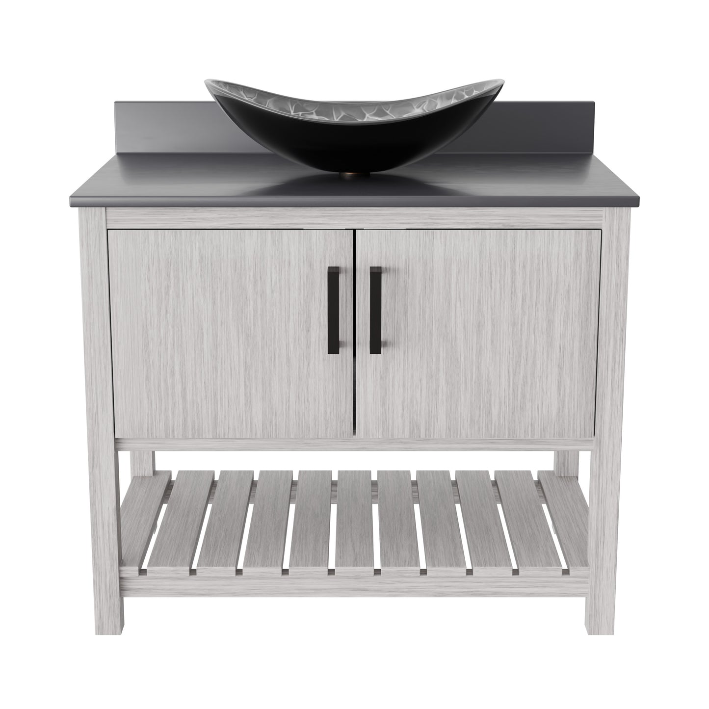 36-inch Novatto bath vanity with storm grey quartz countertop and integrated sink, shown with contemporary design and accessories.
