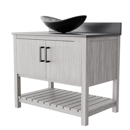 Novatto 36-inch bath vanity with storm grey quartz counter and sink, featuring sleek, modern bathroom accessory design.