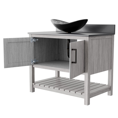 36-inch Novatto bath vanity with storm grey quartz countertop and sink, showcasing sleek modern bathroom accessory design