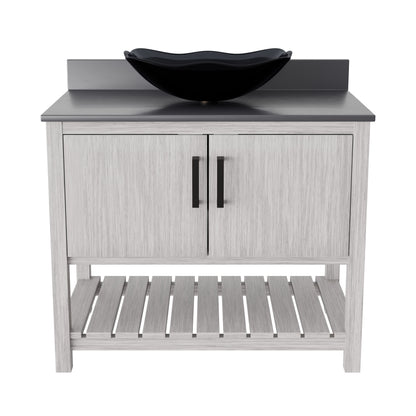 36-inch Novatto bathroom vanity with storm grey quartz countertop and sink, featuring modern accessory design.
