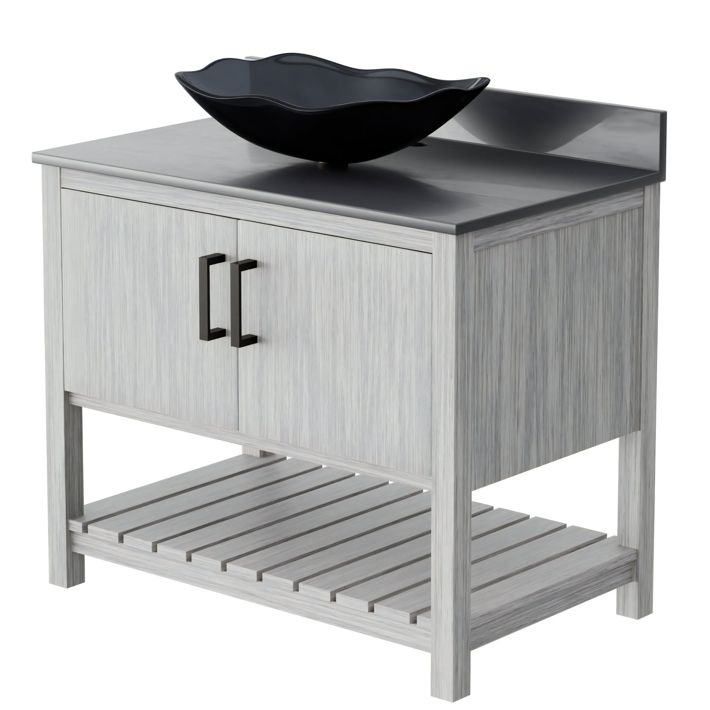 Novatto 36-inch bath vanity with storm grey quartz countertop and sink, featuring a sleek, modern bathroom accessory design.