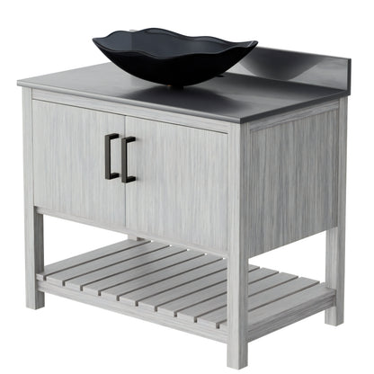 Novatto 36-inch bath vanity with storm grey quartz countertop and sink, featuring a sleek, modern bathroom accessory design.