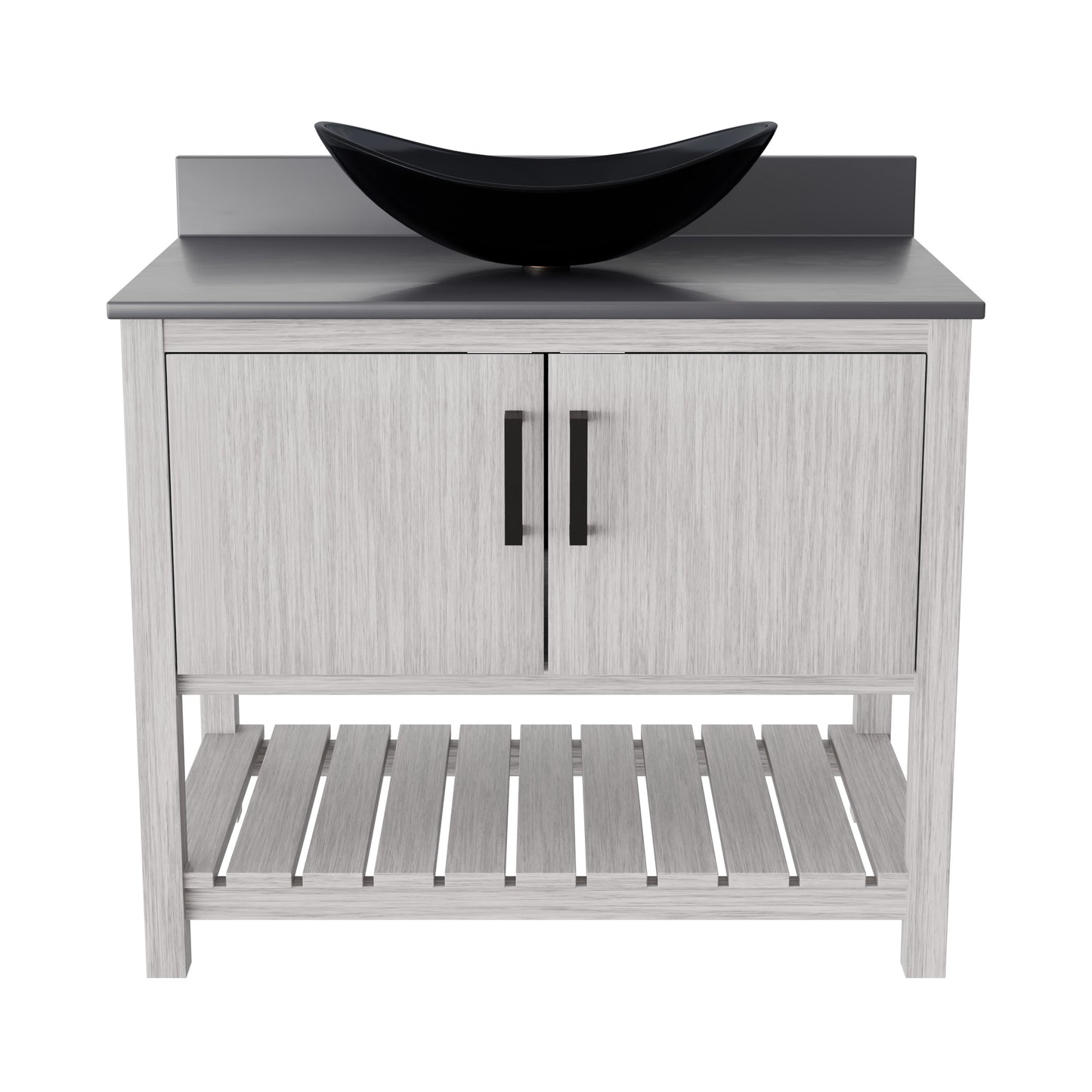 Bathroom vanity with storm grey quartz countertop and sink by Novatto, 36-inch size with access to storage space.