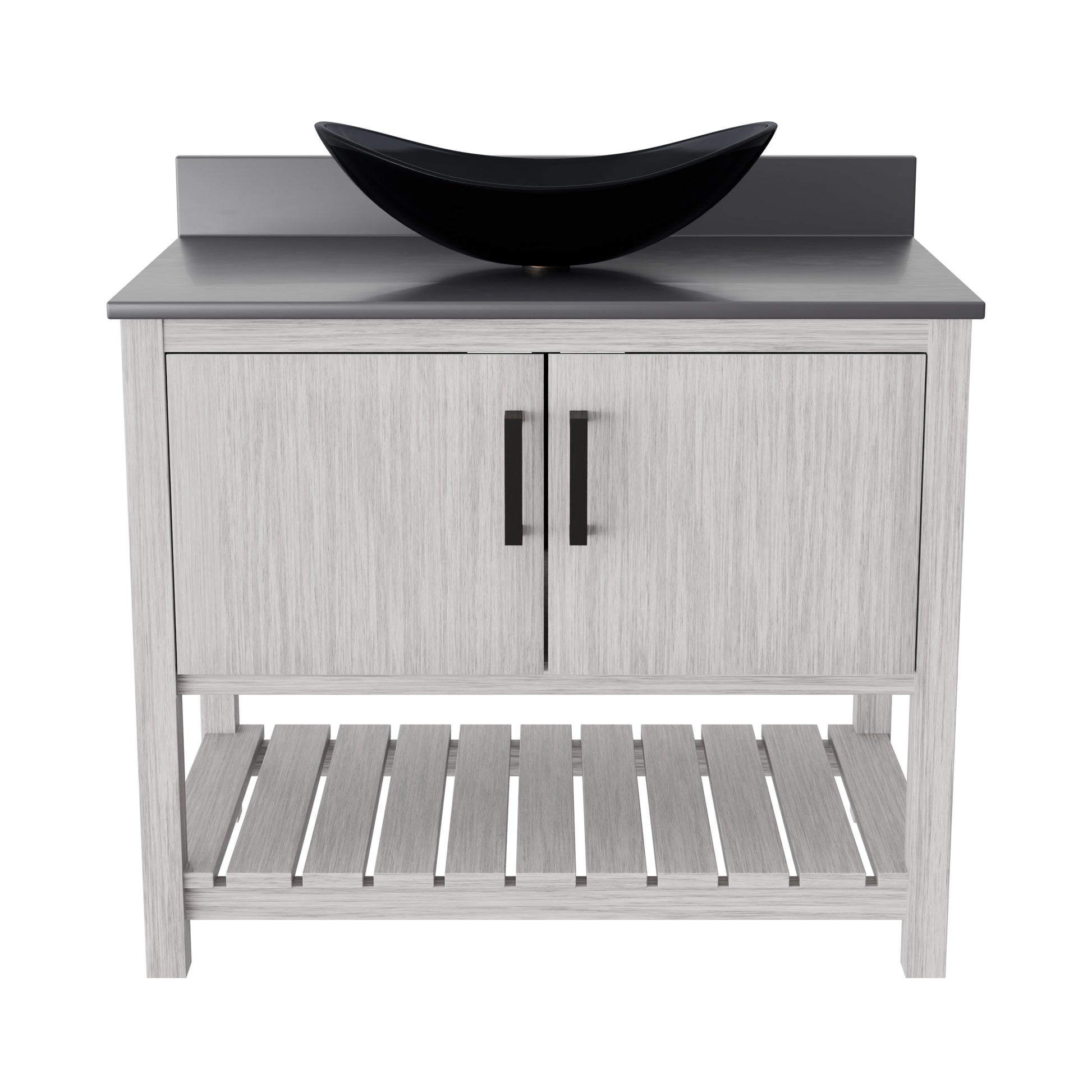 Bathroom vanity with storm grey quartz countertop and sink by Novatto, 36-inch size with access to storage space.