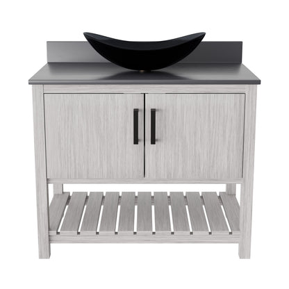 Bathroom vanity with storm grey quartz countertop and sink by Novatto, 36-inch size with access to storage space.