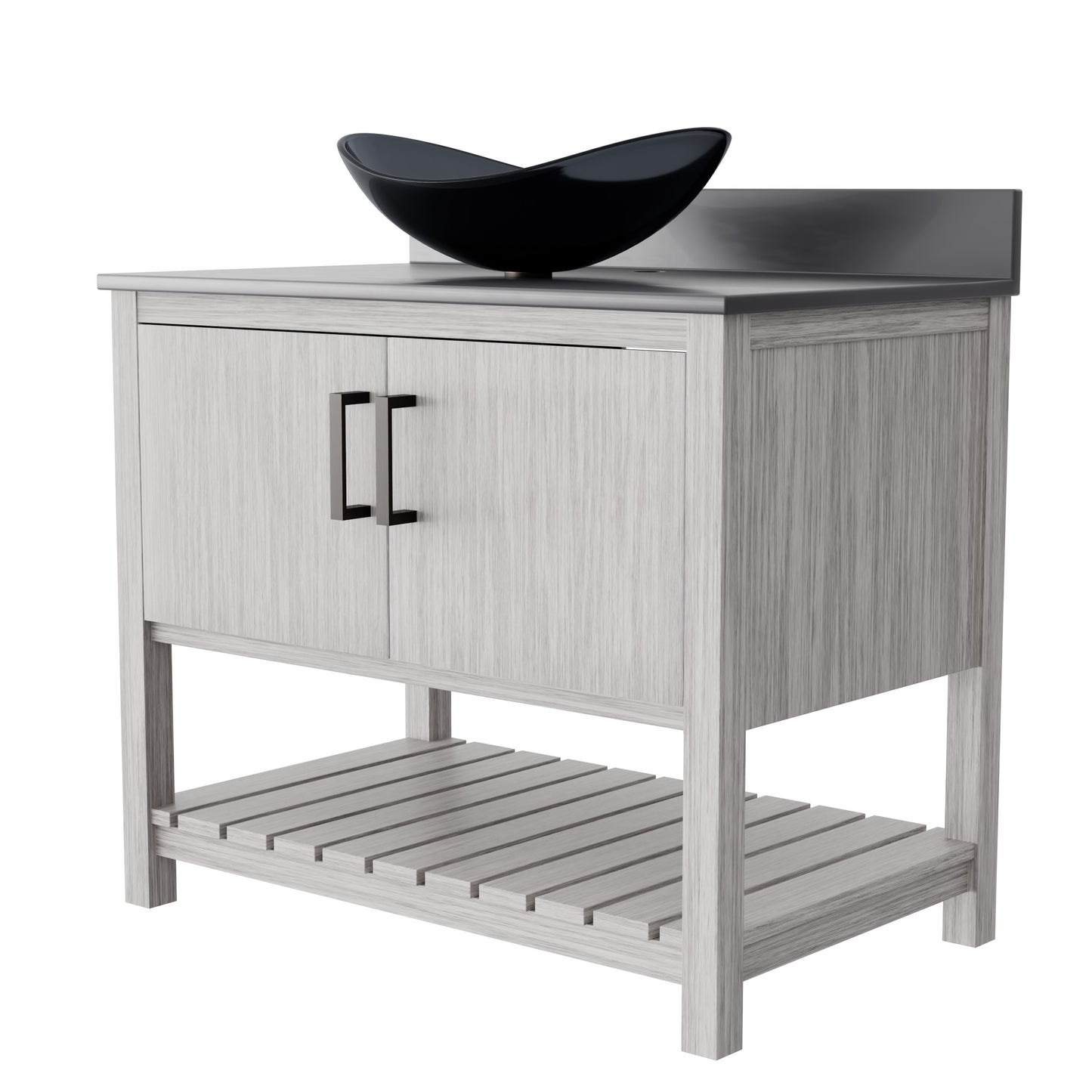 36-inch Novatto bathroom vanity with storm grey quartz countertop and sink, showcasing sleek modern design and accessory details