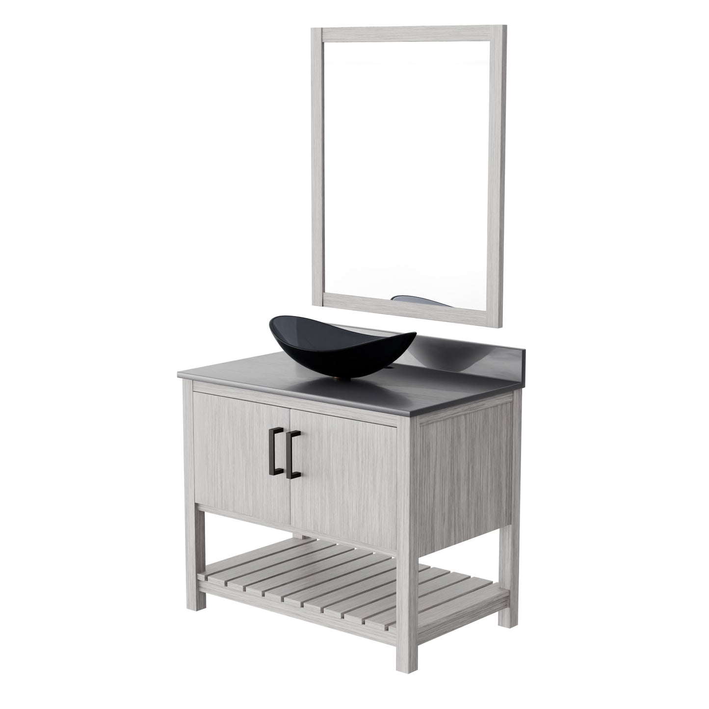 36-inch Novatto bath vanity with storm grey quartz countertop and integrated sink, modern bathroom accessory.