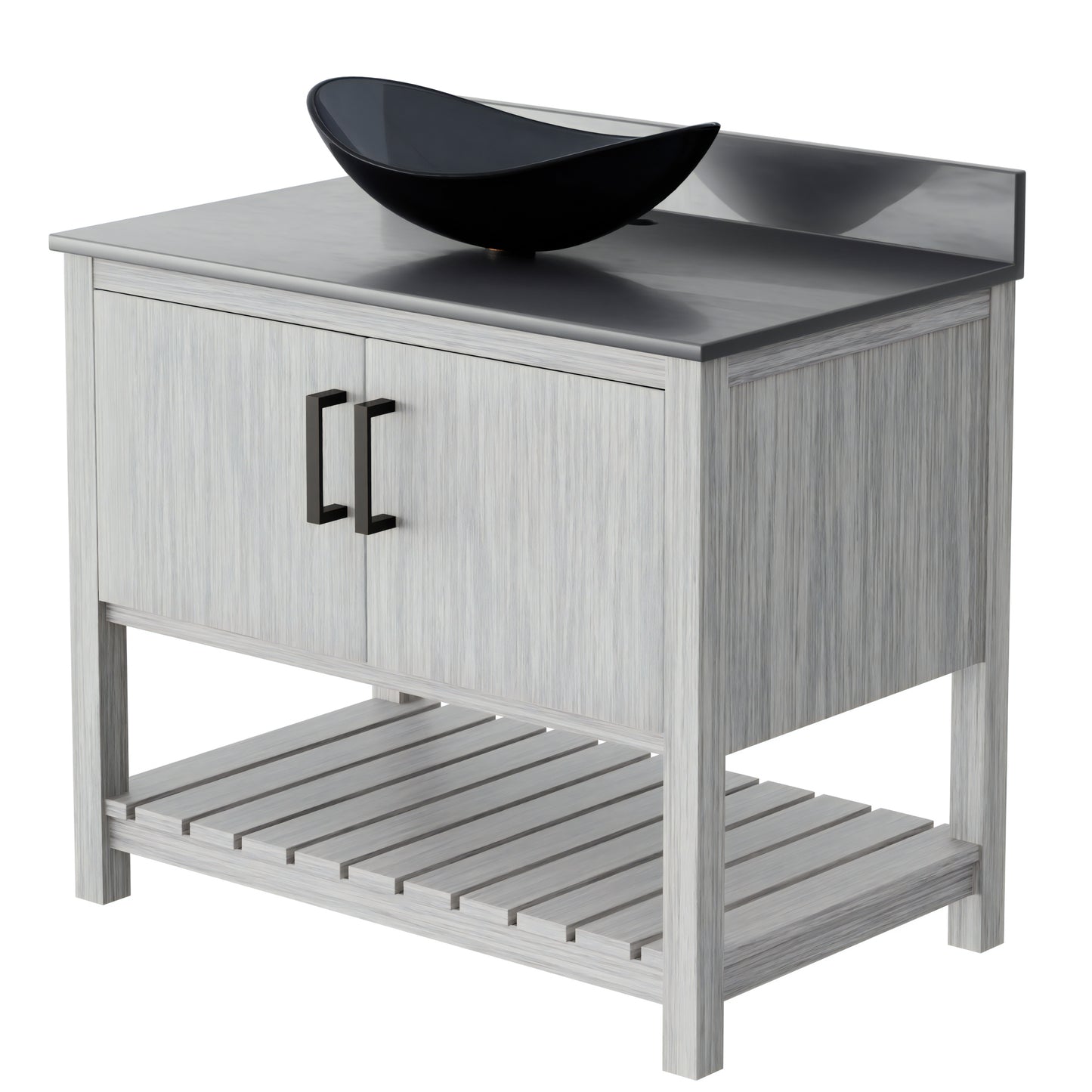 36-inch Novatto bathroom vanity with storm grey quartz countertop and integrated sink, modern wood finish.