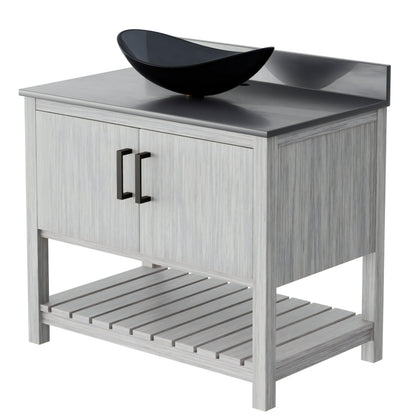 36-inch Novatto bathroom vanity with storm grey quartz countertop and integrated sink, modern wood finish.