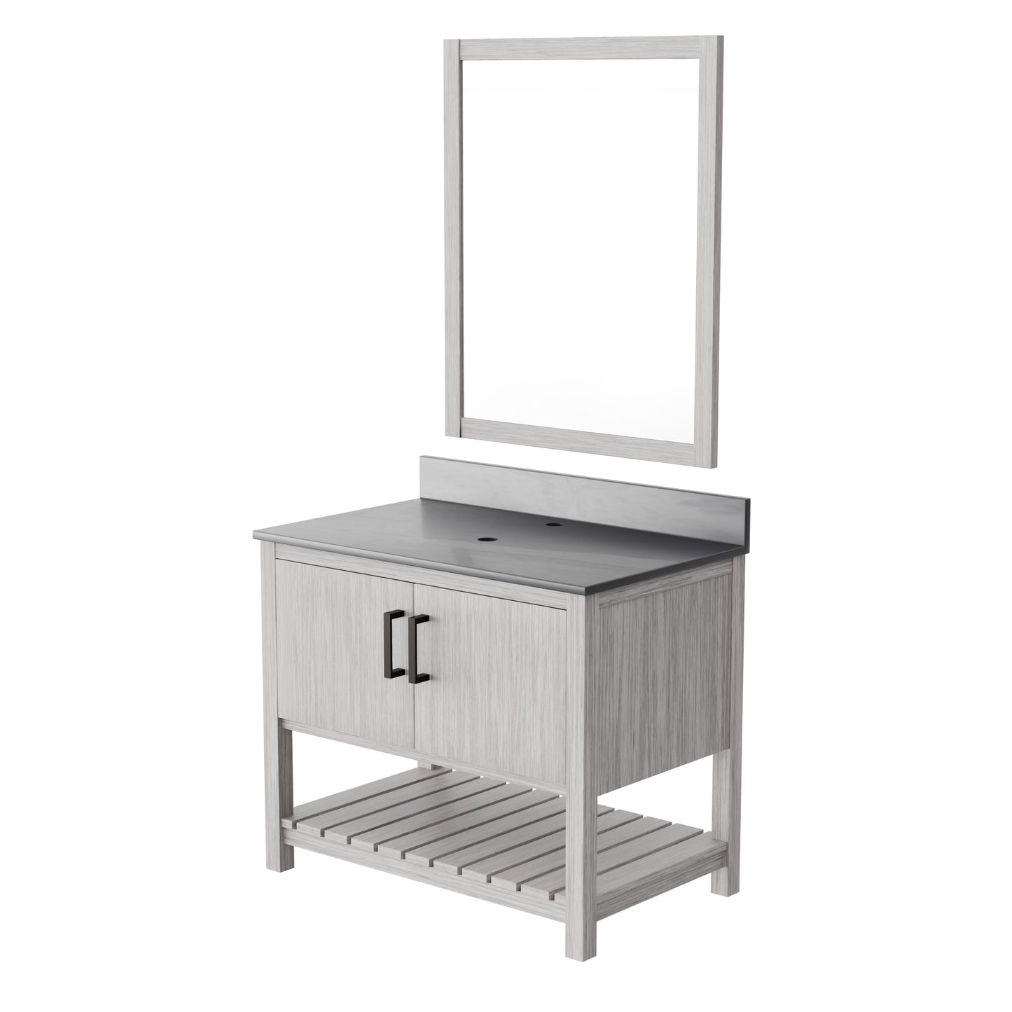 36-inch Novatto vanity with storm grey quartz countertop, showcasing sleek design and modern bathroom accessory.