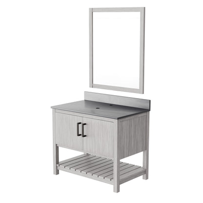 36-inch Novatto vanity with storm grey quartz countertop, showcasing sleek design and modern bathroom accessory.