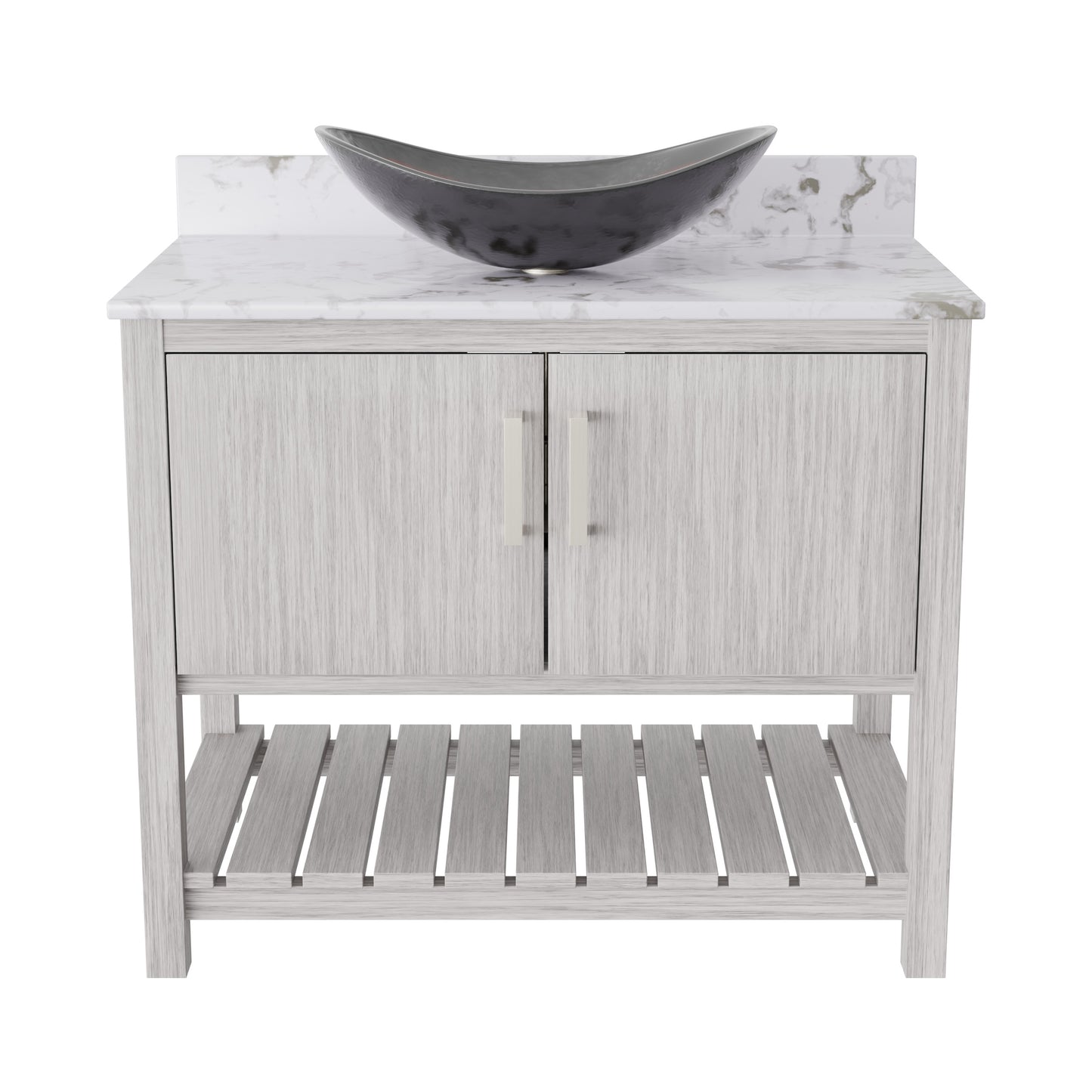 36-inch Novatto bath vanity with cafe mocha quartz counter and integrated sink, showcasing a modern bathroom accessory.
