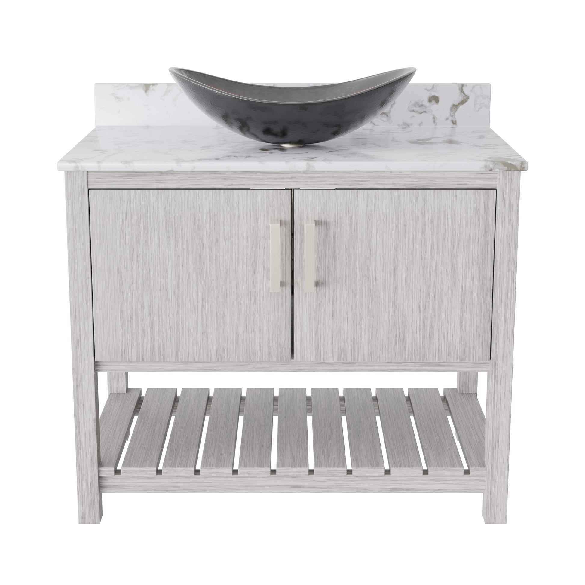 36-inch Novatto bath vanity with cafe mocha quartz counter and integrated sink, showcasing a modern bathroom accessory.