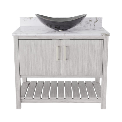36-inch Novatto bath vanity with cafe mocha quartz counter and integrated sink, showcasing a modern bathroom accessory.