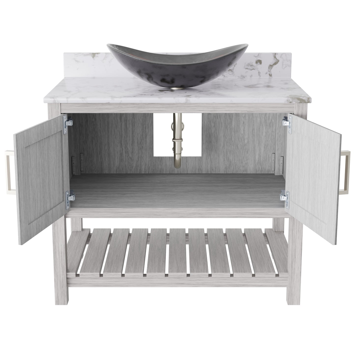 36-inch Novatto bath vanity with cafe mocha quartz countertop and sink, showcasing elegant bathroom accessory design.