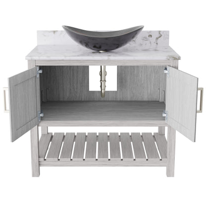 36-inch Novatto bath vanity with cafe mocha quartz countertop and sink, showcasing elegant bathroom accessory design.