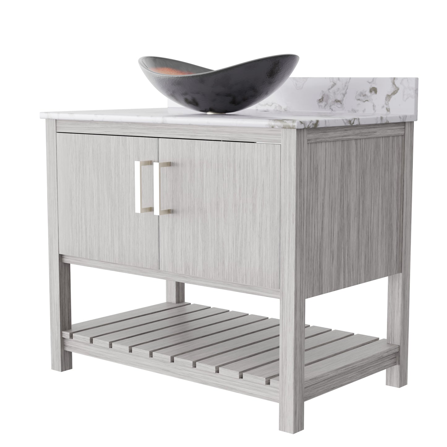 36-inch Novatto bath vanity with cafe mocha quartz countertop and integrated sink, showcasing the sleek, modern bathroom accessory.