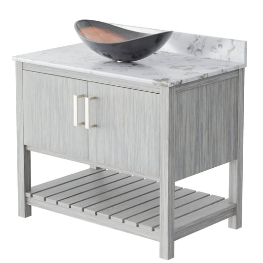 36-inch Novatto bath vanity with cafe mocha quartz countertop and sink, featuring a modern bathroom accessory design.