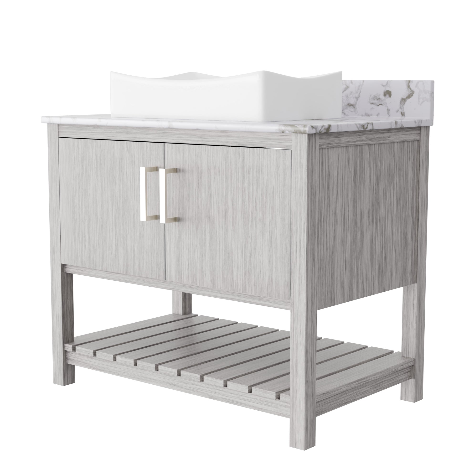 36-inch Novatto bath vanity with cafe mocha quartz countertop and sink, showcasing modern bathroom accessory design.