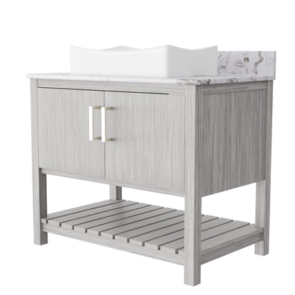36-inch Novatto bath vanity with cafe mocha quartz countertop and sink, showcasing modern bathroom accessory design.