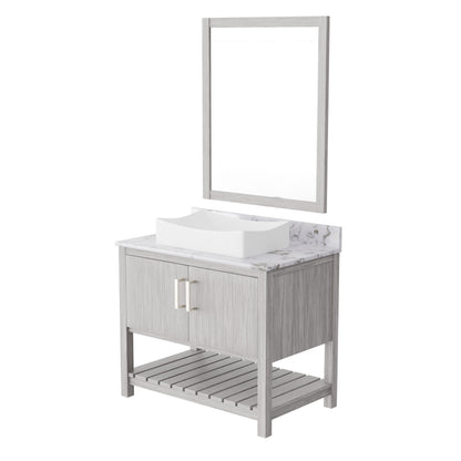 36-inch Novatto bath vanity with cafe mocha quartz countertop and integrated sink, shown from a side angle in natural lighting.