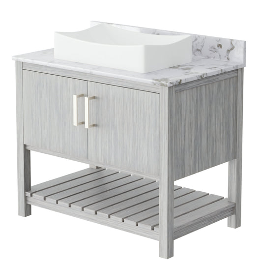 36-inch Novatto bath vanity with cafe mocha quartz countertop and sink, showcasing elegant bathroom accessory design.