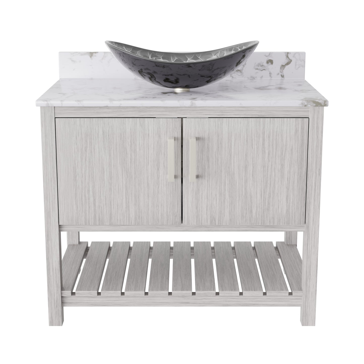 36-inch Novatto bath vanity with cafe mocha quartz countertop and sink, featuring sleek modern design and accessible storage.