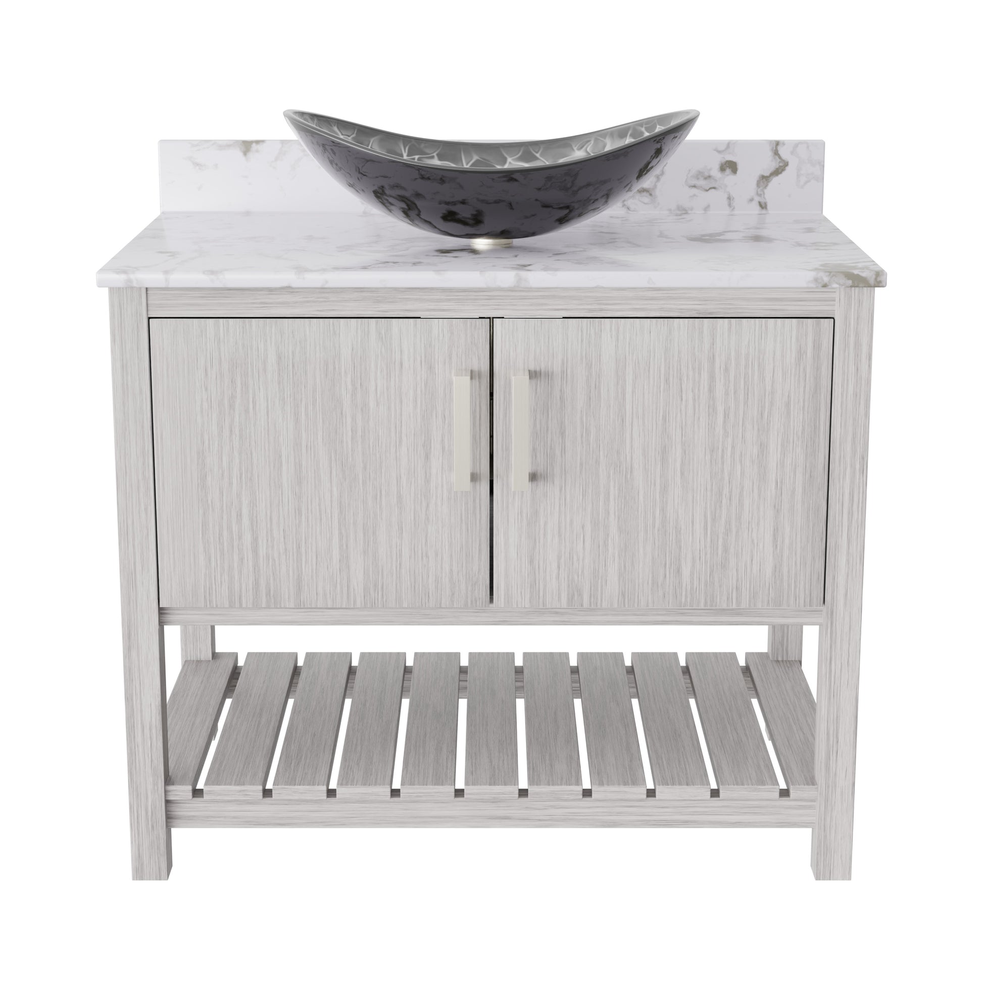 36-inch Novatto bath vanity with cafe mocha quartz countertop and sink, featuring sleek modern design and accessible storage.