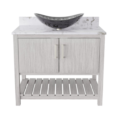 36-inch Novatto bath vanity with cafe mocha quartz countertop and sink, featuring sleek modern design and accessible storage.