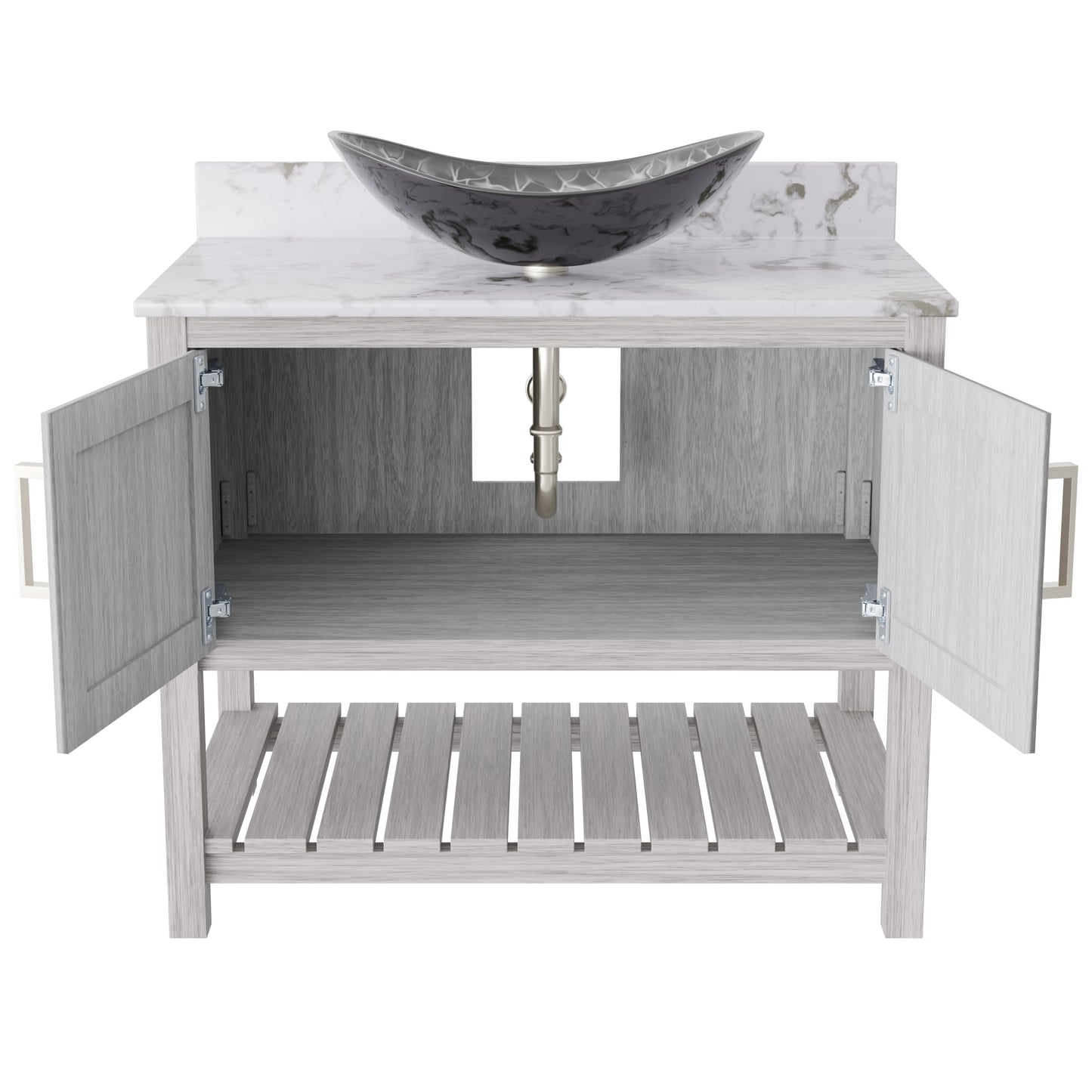 36-inch Novatto bath vanity with cafe mocha quartz counter and integrated sink, featuring modern accessories and sleek design.