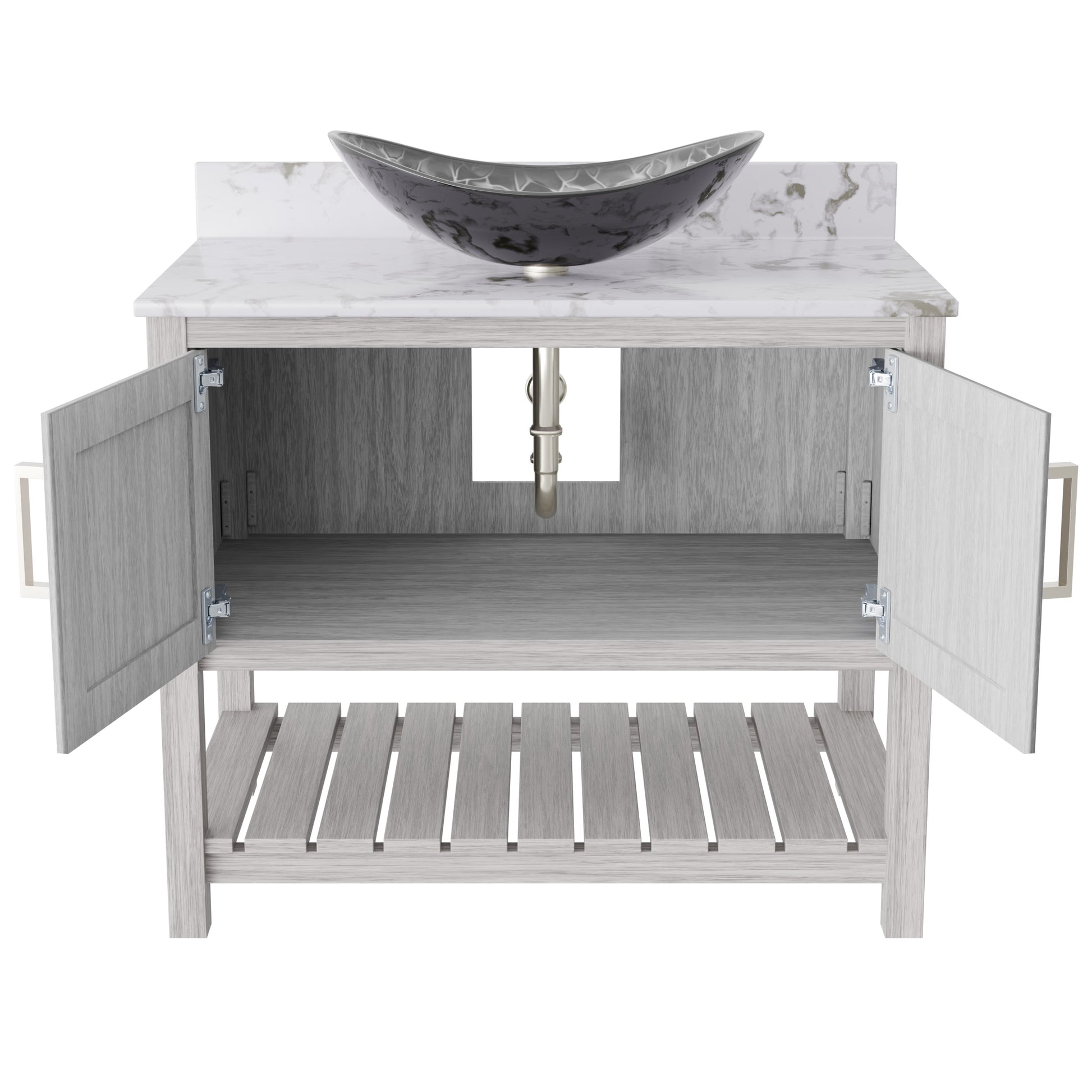 36-inch Novatto bath vanity with cafe mocha quartz counter and integrated sink, featuring modern accessories and sleek design.