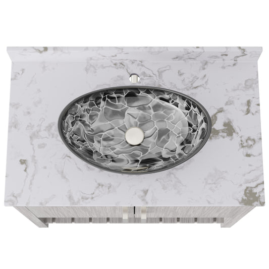 36-inch Novatto bath vanity with cafe mocha quartz countertop and sink, showcasing sleek bathroom accessory design.