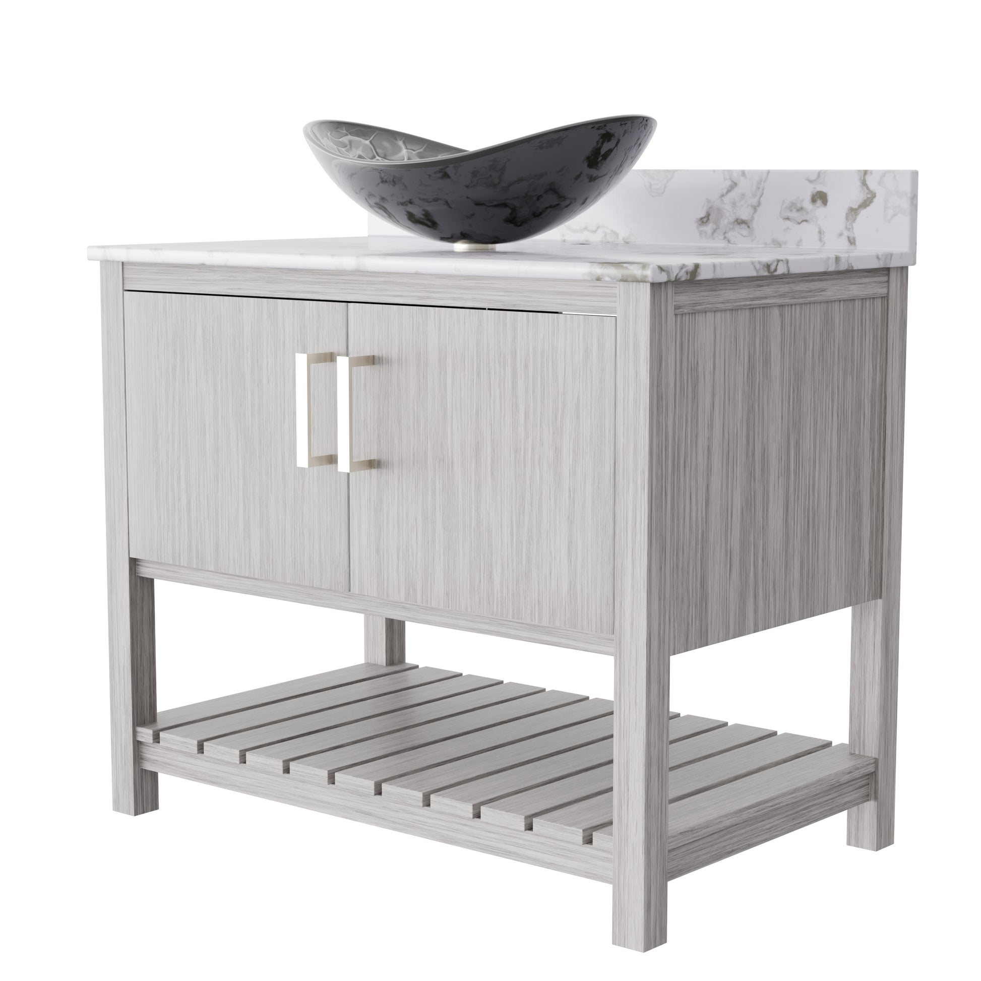 36-inch Novatto bath vanity with cafe mocha quartz counter and sink, showcasing sleek bathroom accessory and modern design.