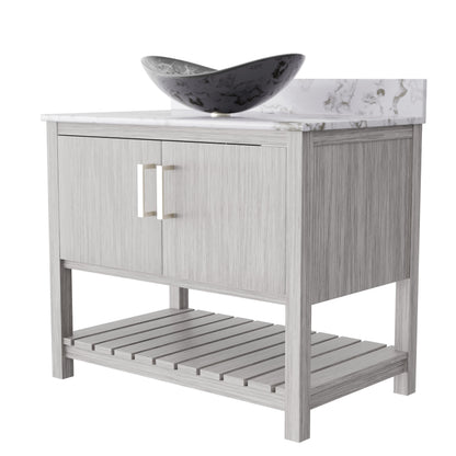 36-inch Novatto bath vanity with cafe mocha quartz counter and sink, showcasing sleek bathroom accessory and modern design.