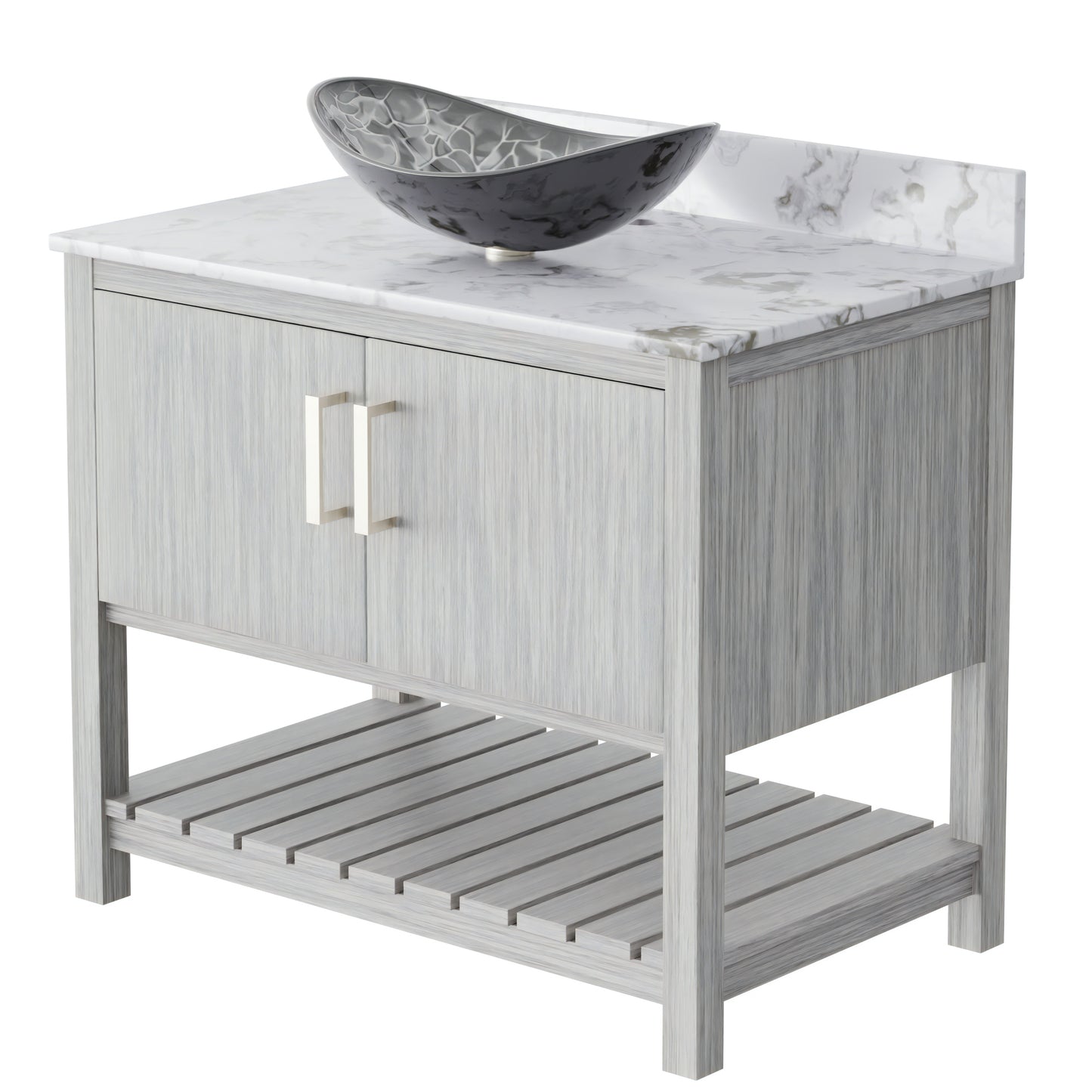 36-inch Novatto bath vanity with cafe mocha quartz countertop and sink, showcasing modern bathroom accessory design.